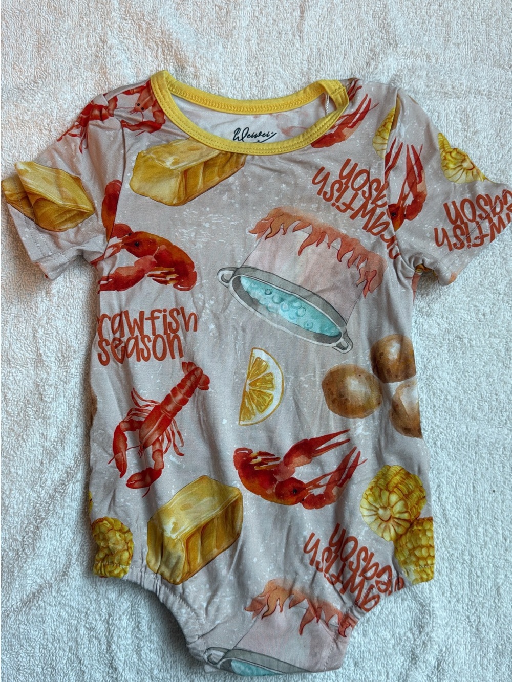 BAMBOO Beige Crawfish Season Graphic Onesie with Yellow Trim